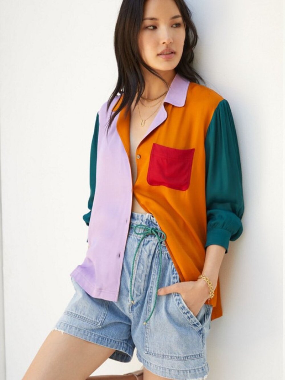 Farm Rio Colorblock Button Down Satin Shirt Purple Motif Sz Small